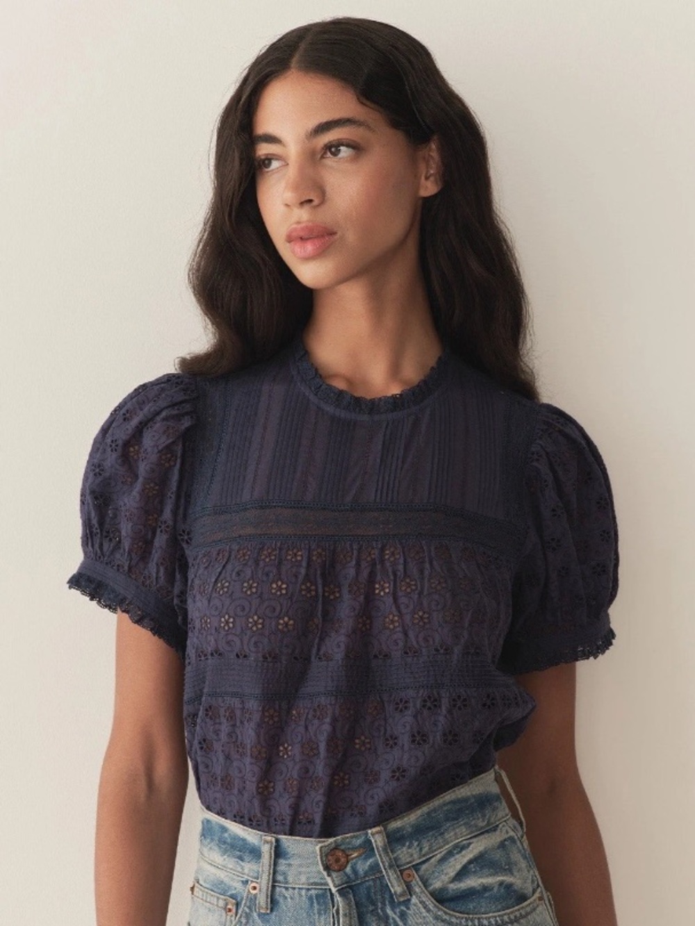 Doen Adeline Eyelet Cotton Short Puff Sleeve Babydoll Top Adriatic Navy Blue